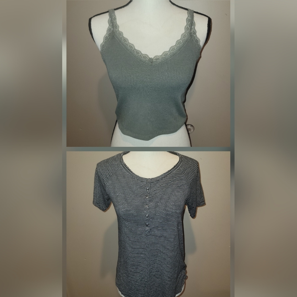 Firm! American Eagle Outfitters Green Lace Crop and Striped Tee